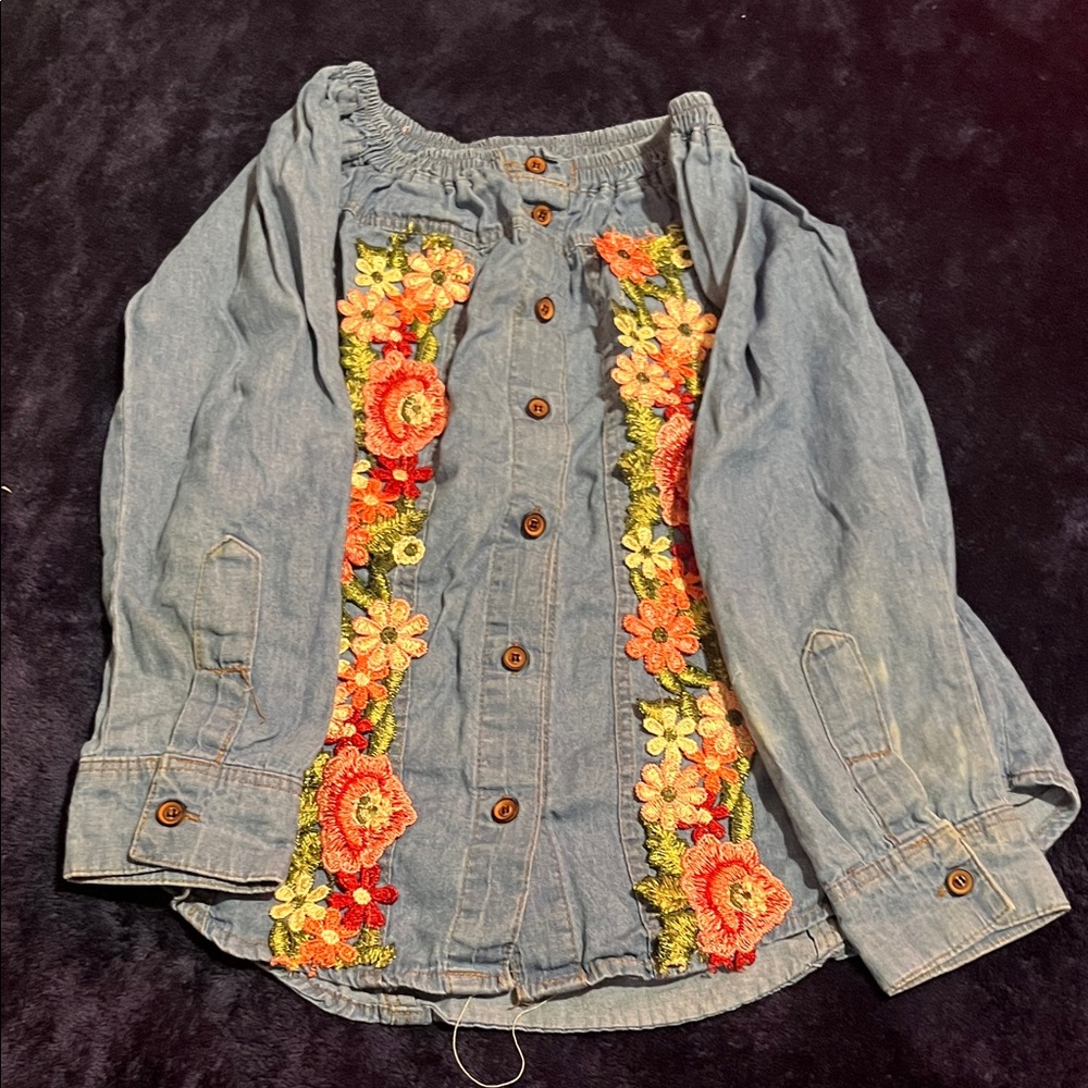 Floral Embroidered Kids Button Down Shirt - Blue